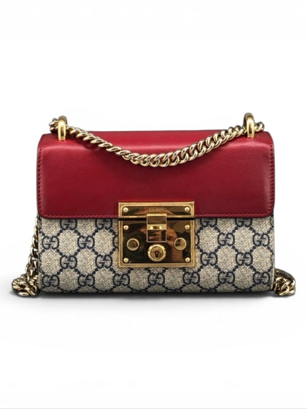 Gucci Padlock GG Supreme Small Shoulder Bag Red Leather Gold Chain Authenticated
